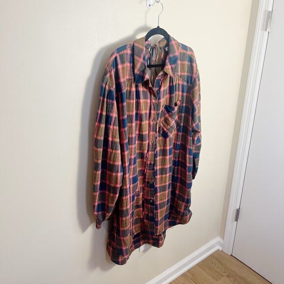 Free People Plaid Wild Side Tunic Flannel Size Medium Pink Brown - Picture 6 of 11